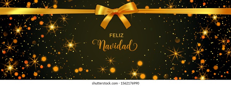 Feliz Navidad Merry Christmas Spanish text banner with golden decoration. Festive bokeh lights and confetti background.