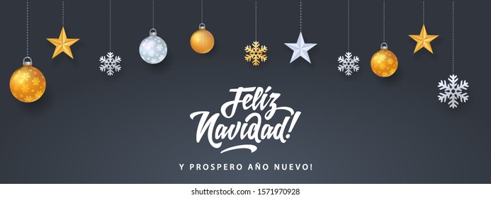 feliz navidad merry christmas in spanish language black card template design elements snowflakes stars and calligraphy happy vacation star party black abstract holiday background scene ball gold cerem