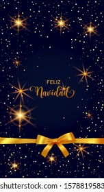 Feliz Navidad Merry Christmas Spanish text banner with golden decoration. Festive bokeh lights and confetti background.