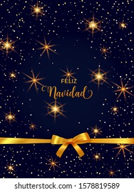 Feliz Navidad Merry Christmas Spanish text banner with golden decoration. Festive bokeh lights and confetti background.