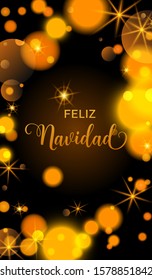 Feliz Navidad Merry Christmas Spanish text banner with golden decoration. Festive bokeh lights background.