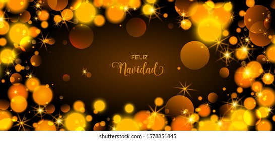 Feliz Navidad Merry Christmas Spanish text banner with golden decoration. Festive bokeh lights background.