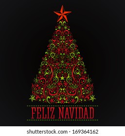 Feliz navidad - merry christmas spanish text card - vector - Abstract Floral Christmas Tree 