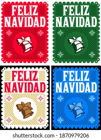 Feliz Navidad, Merry Christmas Spanish text, Vintage Retro card, Vector Collection Set