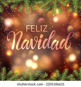 Feliz Navidad - Merry Christmas In Spanish On A Glowing Background. Fir Branches And Snowflakes, Vector Illustration.