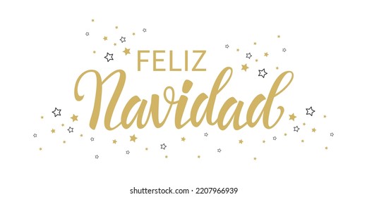 Feliz Navidad - Merry Christmas in Spanish text for card for your design. Golden text on a white background Vector illustration.