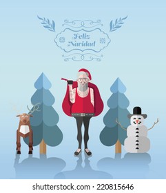 Feliz navidad, Merry Christmas in Spanish, message vector with hipster illustrations on blue background