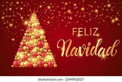 Feliz Navidad - Frohe Weihnachten in spanischem Text für Karte für Ihr Design. Weihnachtsbaum aus Gold und roten Bälle auf rotem Hintergrund.