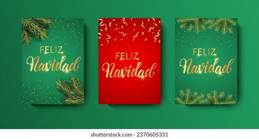 Feliz Navidad - Merry Christmas in Spanish text for card for your design.  Christmas tree on a red and green background. Vector Illustration.