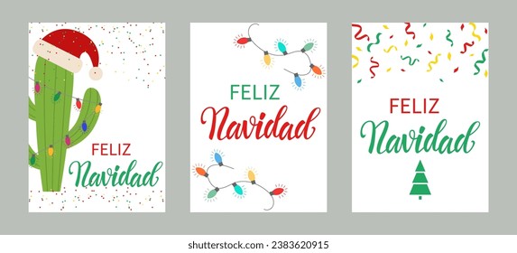 Feliz Navidad - Merry Christmas in Spanish, text for postcard. Red Santa Hat with cactus and garland. Vector illustration.