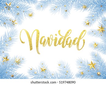 Feliz Navidad Merry Christmas in Spanish greeting card, poster. Calligraphy lettering text poster template of pine and fir christmas tree branches, golden stars, ornament decorations