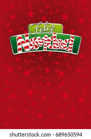 Feliz Navidad - Merry Christmas in Spanish language - Red cover of greeting card with stars texture in background. Layout size: 21 cm x 29.7 cm. A4 size. Lettering design. 