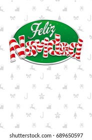 Feliz Navidad - Merry Christmas in Spanish language - White cover of greeting card with bows, reindeers, gifts and trees in background. Layout size: 21 cm x 29.7 cm. A4 size. Lettering design.