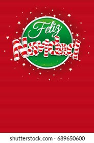 Feliz Navidad - Merry Christmas in Spanish language - Red cover of greeting card with lines texture in background. Layout size: 21 cm x 29.7 cm. A4 size. Lettering design. 