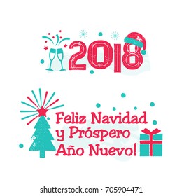 Feliz Navidad - Merry Christmas Spanish language. Happy New Year card with tree and fireworks. Vintage vector badge on the white background