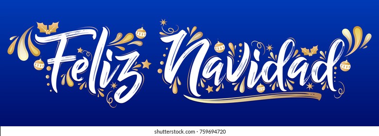 Feliz Navidad, Merry Christmas spanish text holiday lettering vector illustration