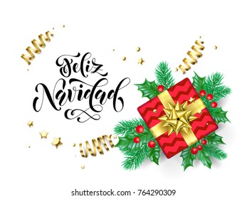 Feliz Navidad Merry Christmas Spanish calligraphy hand drawn text for greeting card background template. Vector Christmas tree holly wreath decoration, golden confetti ribbon on premium white design