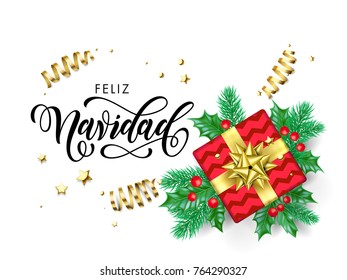 Feliz Navidad Merry Christmas Spanish calligraphy hand drawn text for greeting card background template. Vector Christmas tree holly wreath decoration, golden confetti ribbon on premium white design