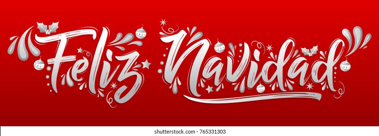 Feliz Navidad, Merry Christmas spanish text holiday lettering vector illustration