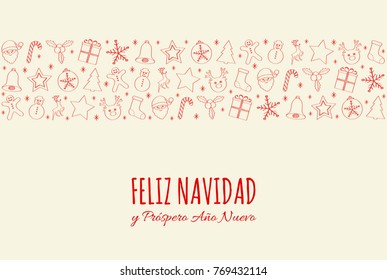 Feliz Navidad - Merry Christmas in Spanish. Concept of Christmas card with decoration. Vector.