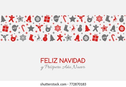 Feliz Navidad - Merry Christmas in Spanish. Christmas card with ornaments. Vector.