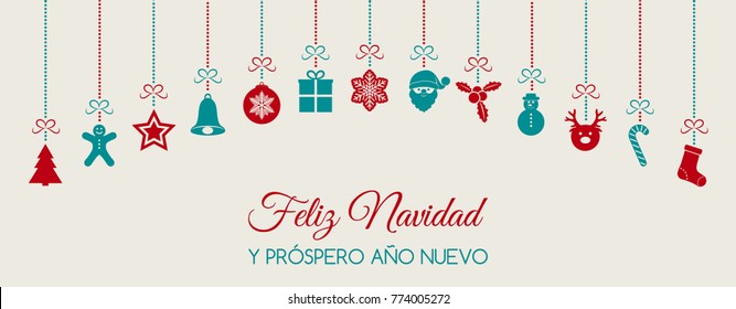 Feliz Navidad - Merry Christmas in Spanish. Christmas card with ornaments. Vector.	
