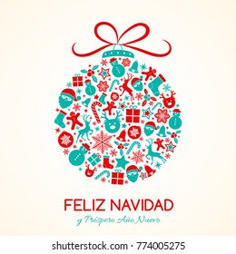 Feliz Navidad - Frohe Weihnachten auf Spanisch. Weihnachtskarte mit Ornamenten. Vektorgrafik.	
