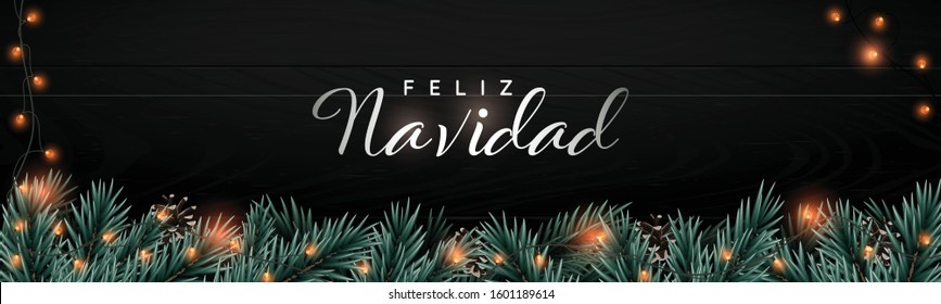 Feliz Navidad - Merry Christmas. Vector Christmas banner. Website long header with fir tree branches and light garlands on black background. Winter season design concept. 