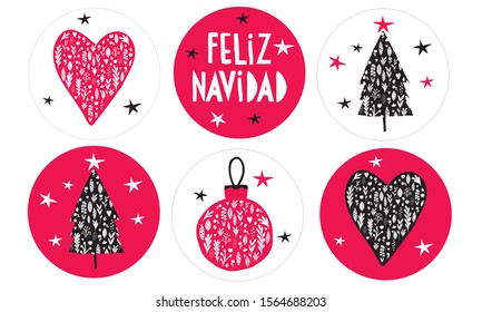 Feliz Navidad - Merry Christmas.Spanish Christmas Vector Stickers with Red and Black Floral Bauble, Heart and Christmas Tree Isolated on a White and Red Background. Simple Christmas Round Shape Tags.