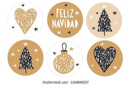 Feliz Navidad - Merry Christmas.Spanish Christmas Vector Stickers with Gold and Black Floral Bauble, Heart and Christmas Tree Isolated on a White and Gold Background.Simple Christmas Round Shape Tags.