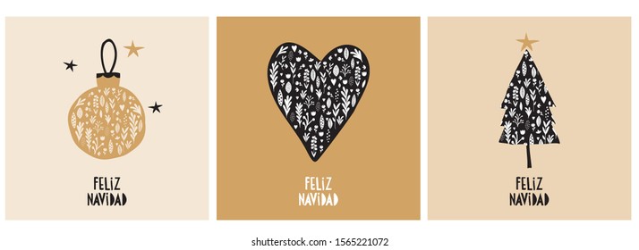 Feliz Navidad - Merry Christmas.Spanish Christmas Vector Illustrations with Gold and Black Floral Bauble, Heart and Christmas Tree Isolated on a Gold Background. Simple Christmas Prints.