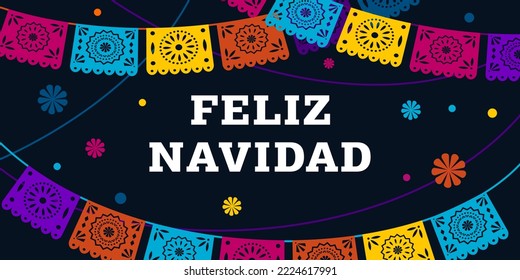 Feliz navidad. Mexican christmas banner, vector illustration. Poster, card for social media, networks with copy space. Text in Spanish merry Christmas, garlands of flags on black background.