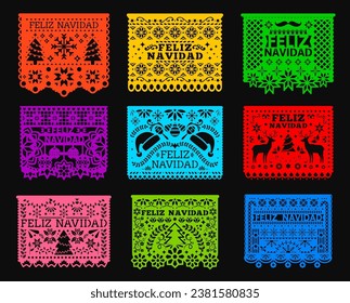 Feliz navidad. Mexican Christmas paper cut papel picado flags and banners. Vector Mexico holiday fiesta party garland of bright color paper flags with flowers, Christmas tree, deer, snowflakes pattern