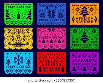 Feliz Navidad Mexican papel picado flags and paper cut garland, Christmas holiday vector banners. Mexico fiesta papel picado papercut flag decorations with Christmas tree, snowflake, candle and cactus