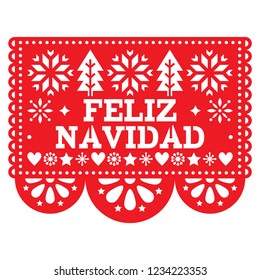 Feliz Navidad Papel Picado Vector Design, Mexican Xmas Greeting Card, Red And White Paper Garland Decoration Pattern. Festive Red Party Banner Inspired By Garlands In Mexico With Text, Christmas Trees