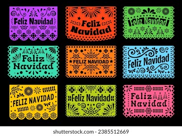 Feliz navidad paper cut mexican holiday banners, papel picado flags. Mexico Feliz Navidad holiday celebration, Latin America Merry Christmas greeting vector garlands, papercut flags or banners