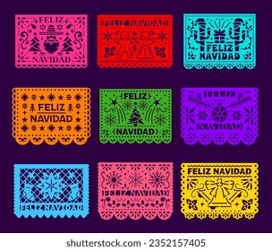 Feliz Navidad paper cut papel picado for Mexican holiday flag banners, vector decorations. Mexico fiesta papel picado papercut flags with Christmas tree, snowflakes, gift socks and gingerbread cookies