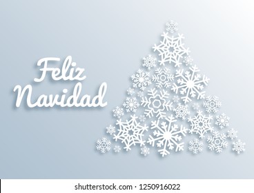 Feliz Navidad. Paper style Merry Christmas card with greetings in spanish language. Christmas tree made of white snowflakes. Xmas vector background template. New Year, Winter Holidays design