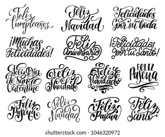 Feliz Navidad, Feliz Pascua, Feliz Cumpleanos translated from Spanish handwritten phrases Merry Christmas, Happy Easter, Happy Birhday etc. Vector calligraphy set on white background.