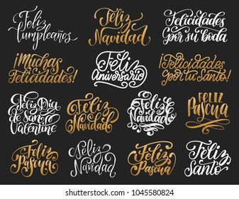 Feliz Navidad, Feliz Pascua, Muchas
Felicidades translated from Spanish handwritten phrases Merry Christmas, Happy Easter, Congratulations etc. Vector calligraphy set on black background.