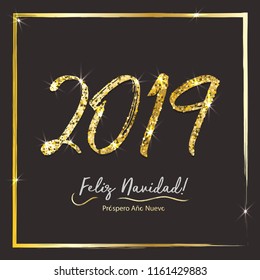 Feliz Navidad Prospero ano Nuevo- Merry Christmas Happy New Year Spain phrase. Abstract grunge greeting poster card. Holiday background. Seasonal winter party invitation.