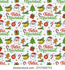Feliz Navidad padrão sem emenda com saudação de Natal espanhola, elementos de férias de vetor plano, Santa e decorações de inverno
