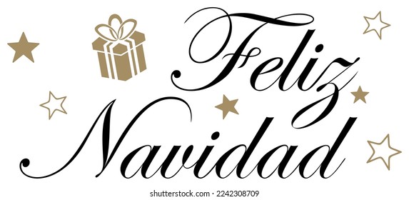 Feliz Navidad. Spanische Weihnachtsgrüße in Gold und Schwarz als Vektorgrafik. Weißer Rücken.
Feliz Navidad ist frohe Weihnachten auf Englisch.
Vorlage mit Weihnachtsstern-Ornament.