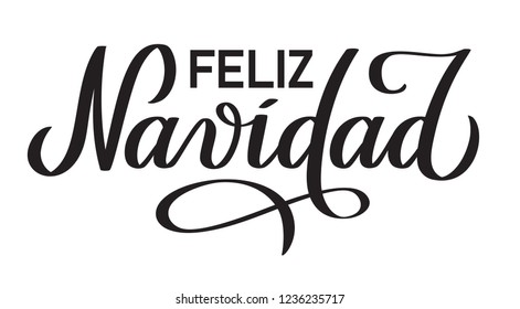 Feliz Navidad - spanish hand-written text. Congratulation on Christmas holiday, typography, calligraphy, lettering.  Vector in red color, for cutout, greeting card, label, title, banner, poster, flyer