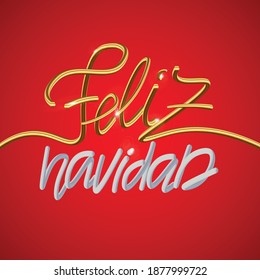 Feliz Navidad Spanish Merry Christmas holiday golden decoration and calligraphy 3D font for greeting card red background. Vector Christmas or New Year golden shiny gift Xmas decoration design. 