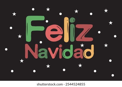 Feliz Navidad espanhol Feliz Natal Moderno caligrafia letras sobre fundo preto saudações. Plano de fundo do vetor