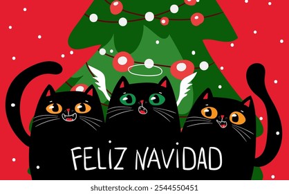 Feliz Natal em espanhol Feliz Natal. Personagem kawaii engraçado gatos pretos cantando canção de Natal perto da árvore de Natal. Lindas canções. Natal e Ano Novo.