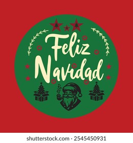 Feliz Navidad Espanhol Feliz Natal Moderno caligrafia no adesivo para saudações da temporada. Plano de fundo do vetor
