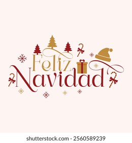 Feliz Navidad spanish Merry Christmas. Minimalist Feliz Navidad design featuring festive elements like stars, trees, and bells in an elegant layout. For Christmas posters, banners, and social media.