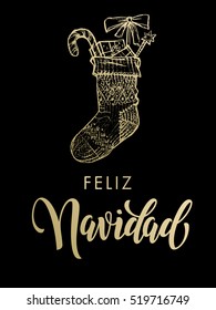 Feliz Navidad Spanish Merry Christmas gold glitter Christmas gifts stocking. Gold glitter gilding sock ornament decoration, presents. Christmas greeting modern trend card, poster lettering design